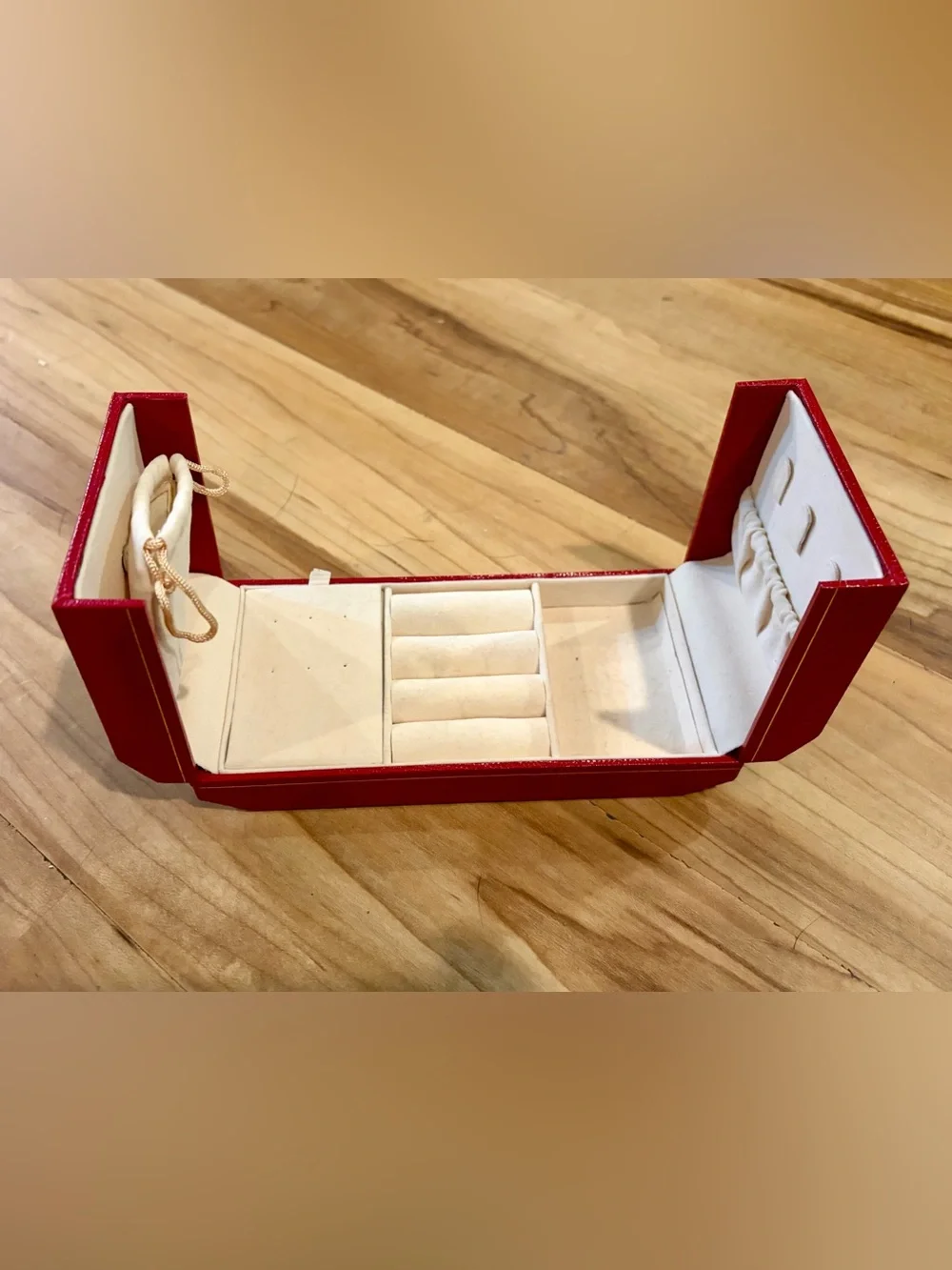 Red Faux Leather Jewelry Box, Foldout with Gold Trim for Travel or Home
